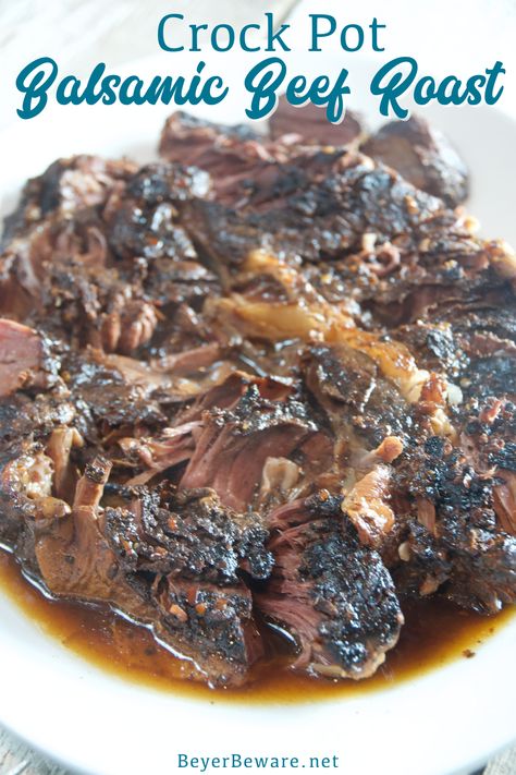 Crock Pot balsamic beef roast recipe combines balsamic vinegar with honey and red peppers over a beef roast for a tender and juicy slow cooker beef roast. Rump Roast Crock Pot Recipes, Slow Cooker Beef Roast, Crockpot Rump Roast, Beef Roast Recipe, Chuck Roast Crock Pot Recipes, Beef Shoulder Roast, Roast Beef Crock Pot Recipes, Roast Crockpot, Balsamic Pot Roast