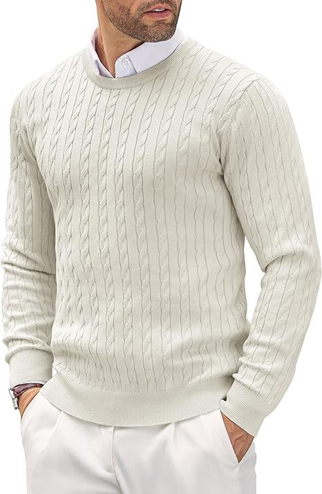 COOFANDY Men's Crewneck Knit Sweater Slim Fit Lightweight Casual Twist Patterned Cable Knitted Pullover Mens Hoodies Casual, Long Winter Jacket, Crew Neck Sweater Men, Long Coat Men, Estilo Harajuku, Peacoat Men, Men Crewneck, Mens Raincoat, Gym Outfit Men