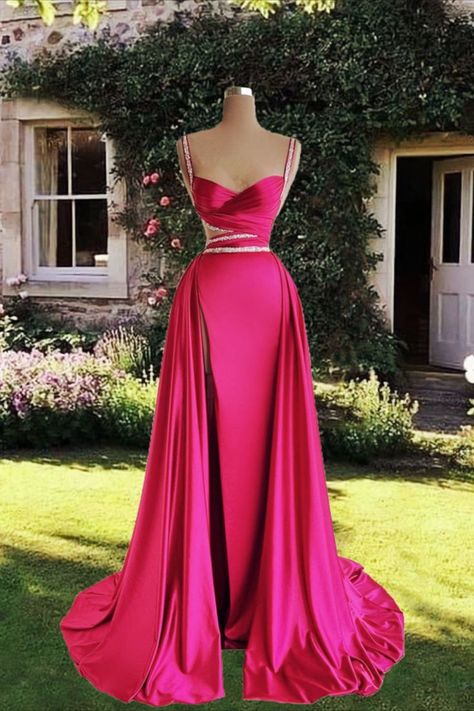 Mermaid Hot Pink Satin Formal Dress With Straps Hot Pink Long Dress, Pink Satin Gown, Pink Long Prom Dress, Hot Pink Prom Dress, Prom Dresses Long Pink, Vestidos Color Rosa, Formal Occasion Dress, Strapless Prom Dresses, Classy Prom Dresses