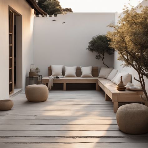 Terrace of the sand haus MADE BY JOSEFINA Japandi Terrace Design, Japandi Terrace, Small House Garden, Indoor Courtyard, Japandi Home, Outdoor Space Design, Courtyard Gardens Design, Contemporary House Exterior, Courtyard Design