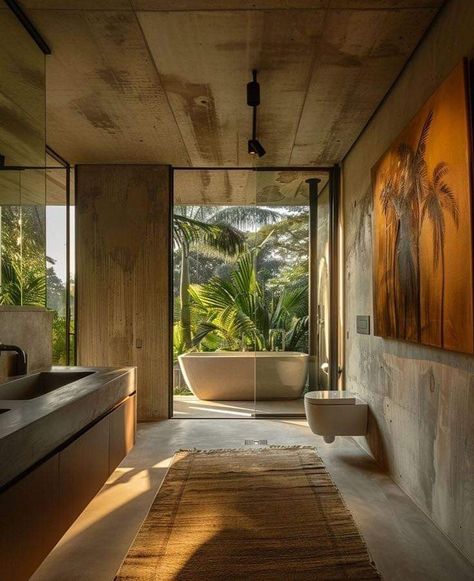 Artistic Bathroom, Modern Tropical House, Bali House, Tropical Architecture, Aesthetic Green, Oscar Niemeyer, Tropical House, Bathroom Tiles, Tropical Houses