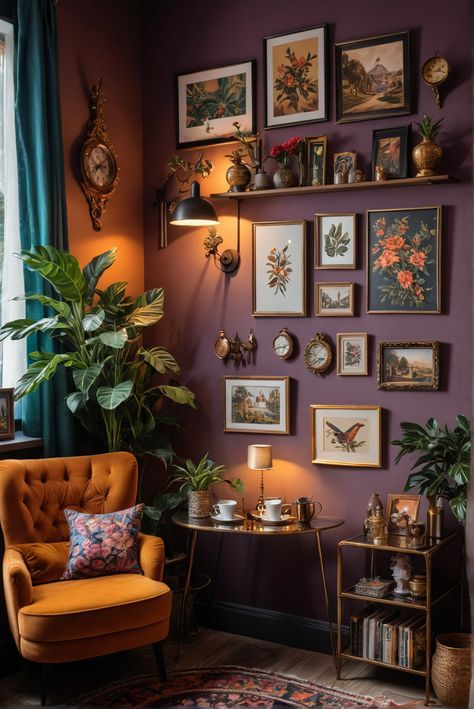 10 Ideas and Inspiration for Maximalism Style Coffee Corners - afullmug.com Nook Ideas Living Room Cozy Corner, Gallery Wall Whimsical, Interior Design Maximalist Living Room, Fun Living Room Ideas Cozy, Maximalist Reading Corner, Mauve Walls Living Room, Cozy Maximalism Apartment, Decorating Ideas For Living Room Walls, Warm Maximalism