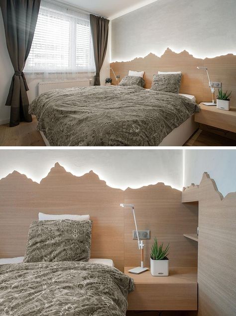 Bedroom Lighting Ideas - A modern white bedroom with a wood mountain-inspired headboard that showcases hidden LED lighting. Headboard Backlighting, Headboard Ideas Wood, Triangle Headboard, Headboard Lighting Ideas, Custom Headboard Ideas, Mountain Bedroom Ideas, Timber Headboard, Cloud Headboard, Backlit Headboard