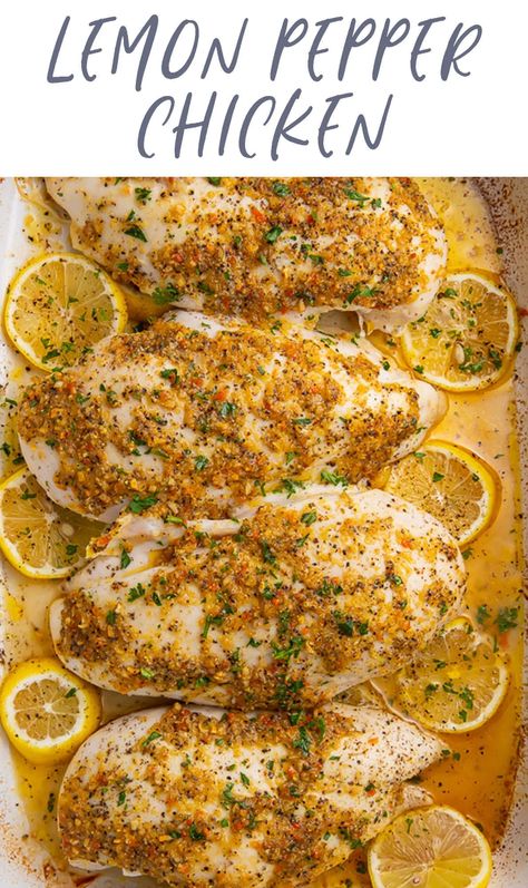 This lemon pepper chicken is deliciously full of flavor. Coated in an easy lemon pepper butter and baked to tender perfection, this chicken dinner is super easy and quick to throw together and produces moist, flavorful chicken. Lemon Peper Chicken, Lemon Pepper Chicken Breast Recipe, Lemon Pepper Chicken Breast, Baked Lemon Pepper Chicken, Awesome Chicken, Baked Lemon Chicken, Recipes With Chicken And Peppers, Chicken Breast Recipes Baked, Chicken Ideas