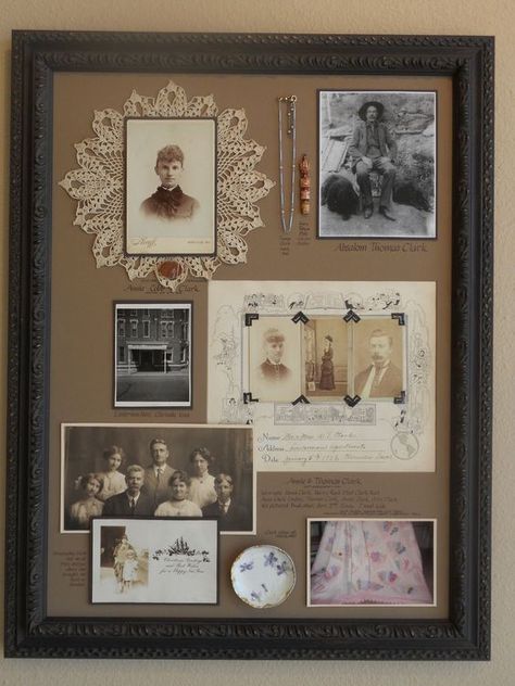 Shadow box or frame to display old photos, small keepsakes, postcards, etc. Anthropologie Decor Diy, Ancestry Wall, Crazy Decor, Genealogy Crafts, Mail Station, Shadow Box Memory, Heritage Scrapbooking, Diy Shadow Box, Keepsake Crafts