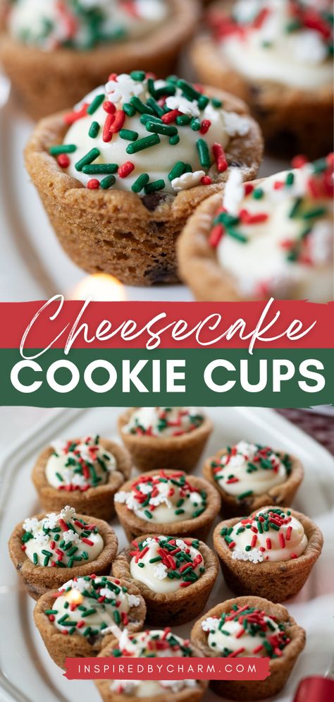 Looking for a dessert that’s both fun and fabulous? These Cheesecake Cookie Cups are your answer! With a rich cookie base and creamy cheesecake filling, they’re the perfect balance of sweet and satisfying. Plus, you can customize them with your favorite sprinkles to match any celebration. Betty Crocker Holiday Sugar Cookie Cups, Reeses Cookies Cups, Christmas Cookies Cheesecake, Gingerbread Cookie Cups With Pumpkin Cheesecake Filling, Holiday Sugar Cookie Cups, Christmas Cookie Cheesecake Bars, Mini Sugar Cookie Cheesecake Cups, Christmas Cookie Cups Recipes, Christmas Cookie Bites