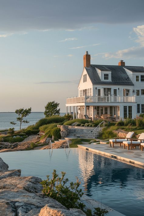 Infinity Pool Meets Atlantic Horizon New England Coastal Homes, Coastal New England Home, New England Interior Design, Newport Restaurants, Hidden Passageways, New England Beach House, Ranch Design, England Summer, Dark History