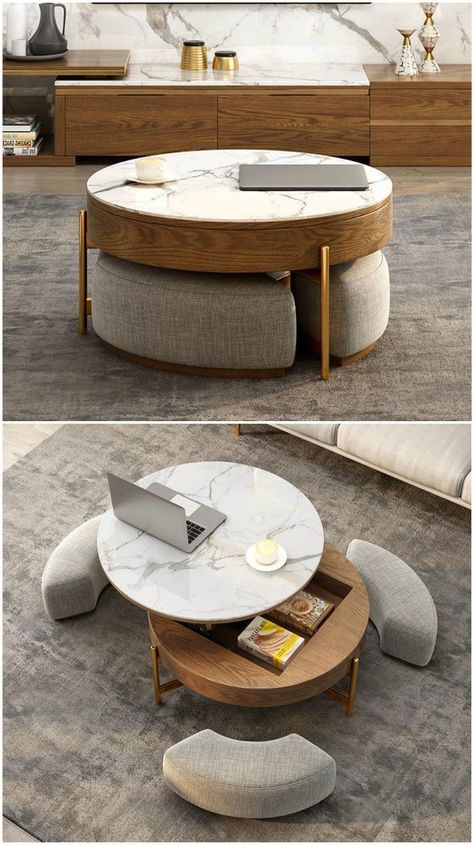 Coffee table with three integrated ottomans. This clever multi-tasking table features a lift-top, plenty of storage and comes with three ottomans that can be placed under the table when they�re not in use. Interior Design Per La Casa, Stylish Coffee Table, Diy Coffee Table, Diy Furniture Table, Decor Minimalist, Coffee Table Design, Coffee Table With Storage, Home Room Design, Center Table