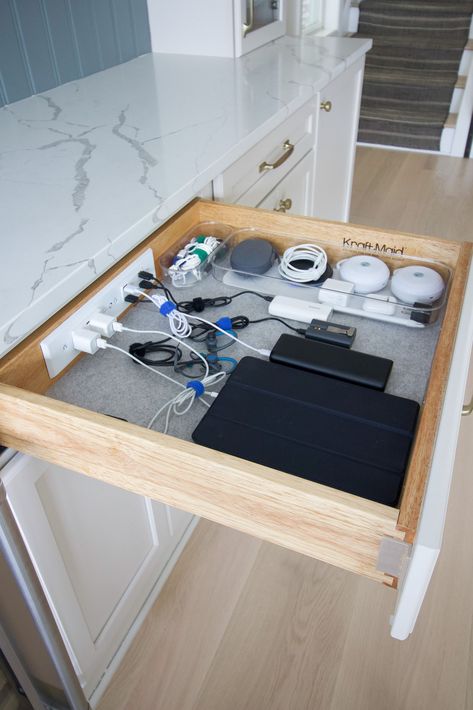 K Pod Drawer, Kitchen Charging Drawer, Build Kitchen Drawers Diy, Kitchen Drawer Remodel, Charging Station In Mudroom, Things To Add To Your Kitchen Remodel, Diy Kitchen Drawers How To Build, Mudroom With Charging Station, Charging Drawer Ideas