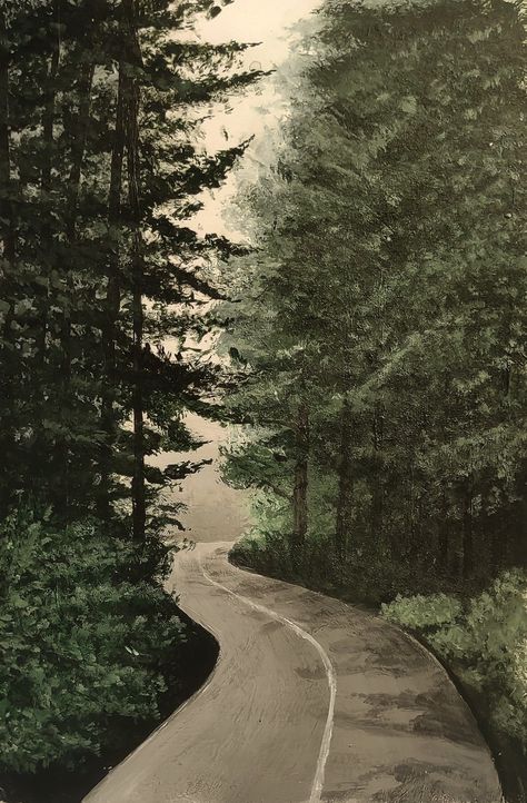 Road With Trees Painting, Nature Paintings Acrylic Forest, Simple Acrylic Paintings Trees, Dark Trees Painting, Forest Aesthetic Painting Easy, Scenery Painting Acrylic Easy Landscape, Simple Painting Ideas Nature, Road And Trees Painting, Painting Ideas Forest Easy