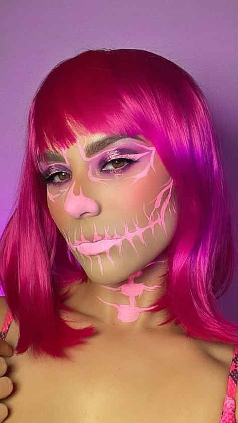 Pink And Black Skeleton Makeup, Pink Halloween Eye Makeup, Colourful Skeleton Makeup, Pink Skull Makeup Halloween, Skeleton Makeup Colorful, Easy Skeleton Makeup Diy Kids, Colorful Skeleton Makeup, Rainbow Skeleton Makeup, Pink Skeleton Makeup