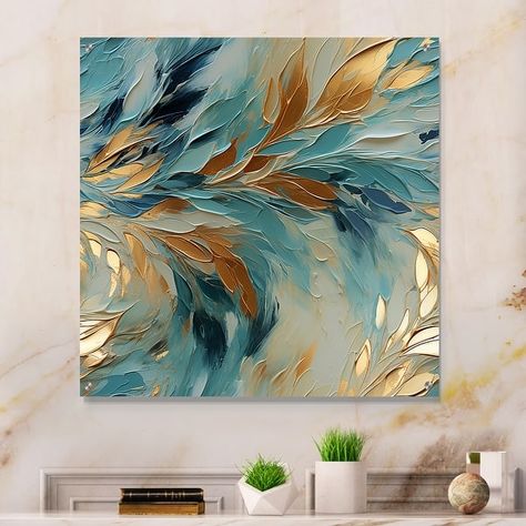 Designart "Gold And Blue Frosty Drift Experienc" Abstract Gloss Wall Decor Gold - Glam Acrylic Wall Art Decor - Bed Bath & Beyond - 41182204 Wall Art Blue And Gold, Good Leaf Painting, Colourful Acrylic Paintings, Wall Art Trends 2024, Aqua Living Room Decor, Paintings For Kitchen, Modern Art For Living Room, Peacock Bedroom, Abstract Painting Acrylic Modern