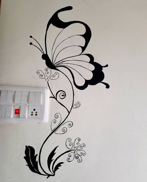 Draw In Wall Bedroom, Wall Painting Butterfly Design, Switch Board Painting Wall Art Butterfly, Butterfly Wall Painting Ideas, Butterfly Drawing On Wall, Wall Butterfly Painting, Wall Painting Ideas Butterfly, Butterfly Wall Paint, Butterfly On Wall Painting