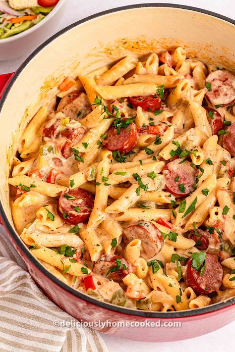 Quick Easy Pasta Dinner, Pasta Recipes With Kielbasa, Kielbasa And Peppers Recipes, Healthy Dinner Recipes With Sausage, Spicy Kielbasa Pasta, Dinner Recipes With Sausage Kielbasa, Pork Kielbasa Recipes, Kabasa Sausage Pasta, Creamy Pasta And Sausage Recipes