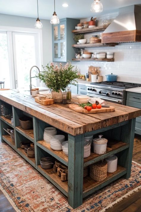 "Create a cozy and functional space with a Rustic Farmhouse Kitchen Island! 🍳🌾 Perfect for adding warmth, charm, and practicality to your kitchen. 🌟✨ #FarmhouseKitchen #RusticDecor #KitchenInspiration" Creative Islands Kitchen, Kitchen Island With Sink And Seating Farmhouse, Diy Island Table Kitchen, Old Farmhouse Kitchen Island, Baking Island Kitchen, Diy Center Island, Small Farmhouse Kitchen With Island, Rustic Modern Kitchen Island, Unique Farmhouse Kitchen