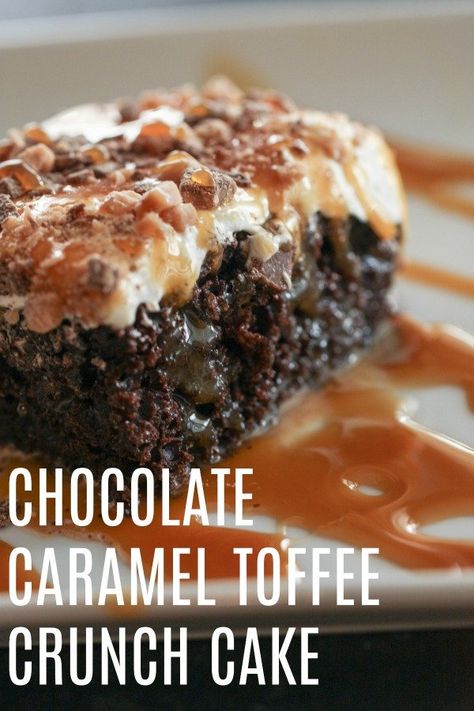 Chocolate Caramel Toffee Crunch Cake | Six Sisters' Stuff Chocolate Caramel Toffee Cake, Chocolate Caramel Coffee Cake, Chocolate Toffee Poke Cake, Toffee Poke Cake Recipes, Chocolate Caramel Crunch Cake, Toffee Chocolate Cake, Easy Chocolate Caramel Cake, Easy Desserts For Small Group, Chocolate Caramel Recipes