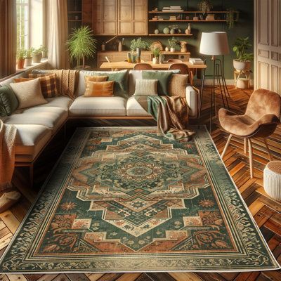 Green;hunter Green Peach;peach Rectangle 4' x 5'7" Area Rug - Ambesonne Oriental Boho High Density Long Fiber Poly Threads Decorative Area Rug Carpet 66.93 x 48.03 x 1.18 in greenPolyester | Wayfair -  #Ambesonne #Area #Boho #Carpet #Decorative #Density #Fiber #Green #Greenhunter #greenPolyester #High #Long #Oriental #Peachpeach #Poly #Rectangle #Rug #Threads #Wayfair Boho Western Rugs, Boho Entertainment Room, Boho Area Rugs In Living Room Green, Fall Decorations Inspiration, Boho Rugs For Living Room, Green Couch Area Rug Ideas, Green Sofa With Rug, Burnt Orange And Green Living Room Decor, Stained Glass Rug