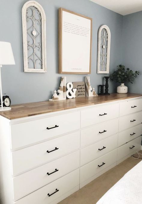 a large sideboard made of several Malm dressers with black handles and a single light stained countertop Dresser Top Ideas, Malm Hack, Malm Chest Of Drawers, Ikea Dresser Hack, Ikea Farmhouse, Reka Bentuk Bilik Tidur, Ikea Malm Dresser, Malm Dresser, Ikea Dresser