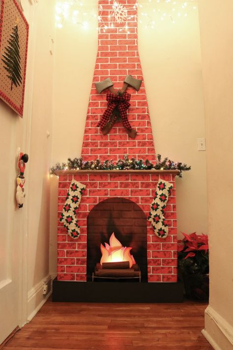 Diy Fireplace Christmas, Fireplace Christmas Decor, Diy Christmas Fireplace, Christmas Fireplace Mantels, Cardboard Fireplace, Fake Fireplace, Fireplace Christmas, Faux Fireplace Diy, Vintage Fireplace