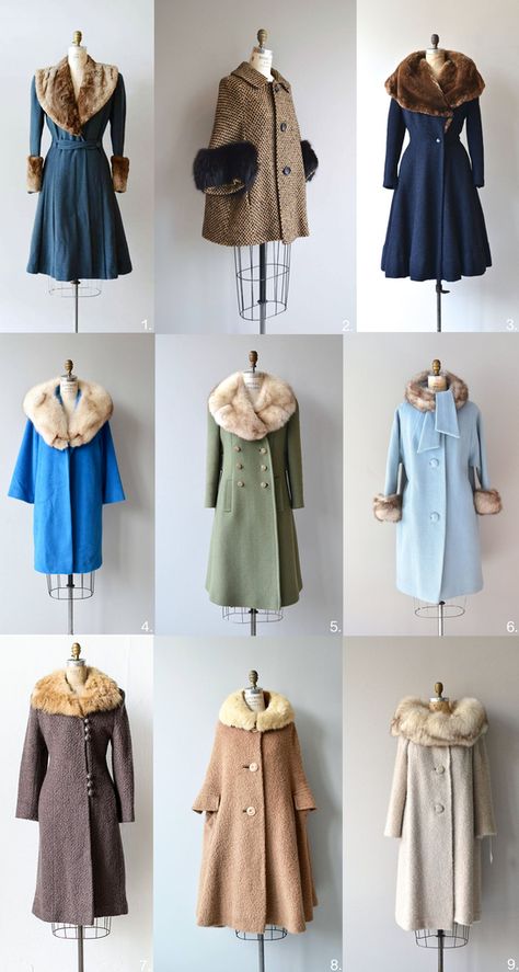 I absolutely love these vintage winter coats!! Even though they are designs ranging from the 1930's - 1960's, they are all still relevant in today's fashion and 40s Winter Fashion, 1960s Winter Outfits, 50s Winter Fashion, 1930s Winter Fashion, Vintage Winter Clothes, Vintage Coats For Women, Winter Duster, 1960s Winter Fashion, Vintage Faux Fur Coat For Winter