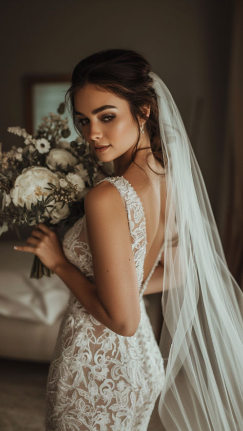 bride on her wedding day Wedding Shoots Poses, Bride Only Poses, Clean Bridal Look, Wedding Gown Poses, Unique Bride Poses, Wedding Photos Long Veil, Bride Photo Shoot Ideas, Bride Indoor Photoshoot, Fall Bridal Photoshoot