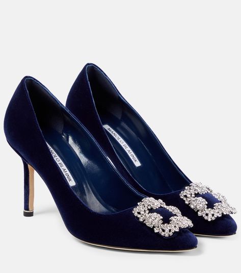 Hangisi 90 embellished velvet pumps in blue - Manolo Blahnik | Mytheresa Manolo Blahnik Blue, Navy Blue Heels, Navy Heels, Manolo Blahnik Hangisi, Dr Shoes, Blue Wedding Shoes, Manolo Blahnik Heels, Velvet Pumps, Shoes Heels Classy