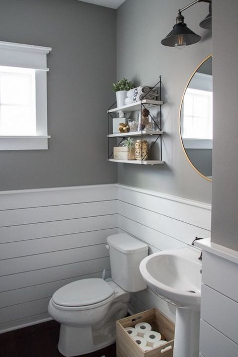 15 Small Bathroom Ideas to Ignite Your Remodel Makeover Kamar Mandi, Modern Powder Rooms, Modern Powder Room, Shiplap Bathroom, Bad Inspiration, Modern Toilet, Downstairs Bathroom, Basement Bathroom, Upstairs Bathrooms