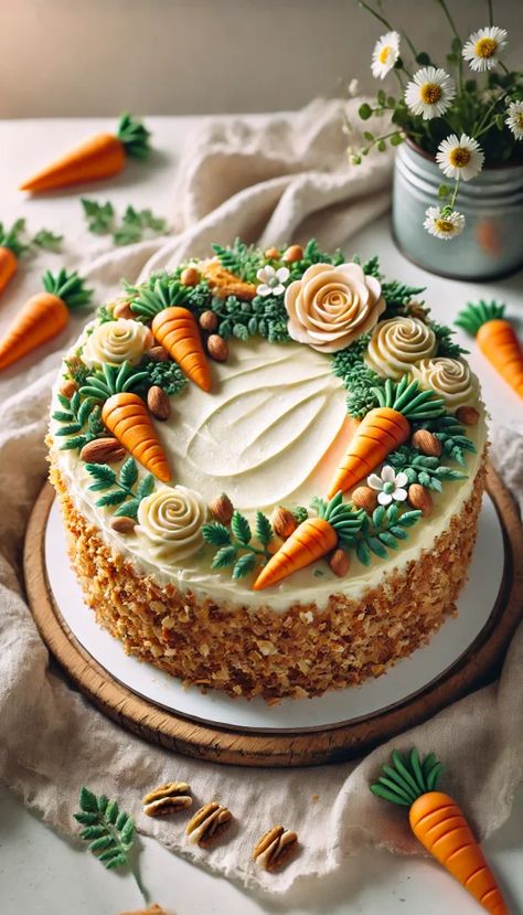 Carrot Cake Decorating Ideas, Carrot Cake Decoration, Green Frosting, Golden Birthday Cakes, Cake Design For Men, Candied Carrots, Almond Cake Recipe, Buttercream Cake Decorating, Cupcake Cake Designs