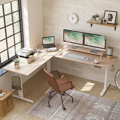 #electricdesk#standingdesk#office#workspace L Shaped Rising Desk, Corner Sit Stand Desk, Standing L Shaped Desk, Sit And Stand Desk Home Office, L Shaped Sit Stand Desk, Sit Stand Desk Office Layout, L Shaped Standing Desk Home Office, Standing Desk L Shape, Home Office Setup With Standing Desk