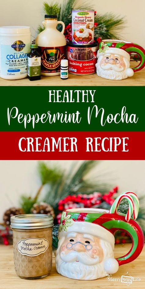 Healthy Peppermint Mocha Recipe using grass fed collagen creamer, maple syrup, vanilla extra, milk of choice (I chose coconut cream), cocoa, and peppermint extract or peppermint essential oil. Ditch the unhealthy sweeteners like high fructose corn syrup, dyes and artificial flavors found in Starbucks drinks, and make a much healthier, nutritious creamer that'll also support your immune system! via @MerryMessyLife Healthy Peppermint Mocha Creamer, Healthy Peppermint Mocha, Mocha Creamer Recipe, Flavored Creamer, Coconut Milk Creamer, Homemade Peppermint Mocha, Peppermint Mocha Creamer, Mocha Creamer, Optavia Diet