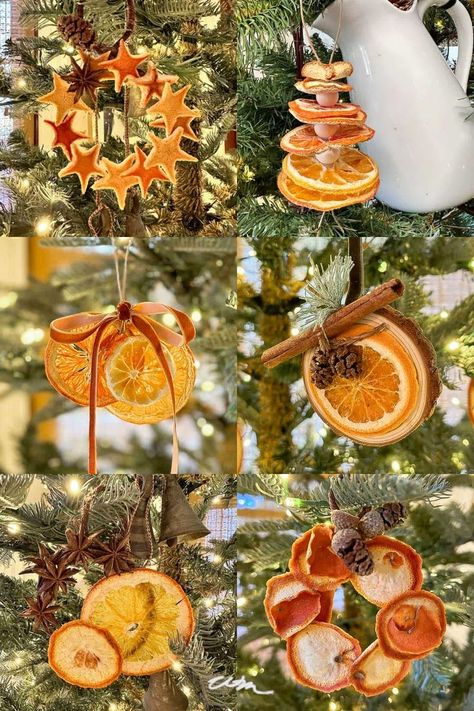 Dried Orange Decorations Diy, Solstice Ornaments Diy, Orange Slice Ornaments Diy, Easy Tree Decorations, Orange Slice Christmas Ornaments, Dehydrated Fruit Ornaments, Diy Orange Garland Christmas, Dried Orange Christmas Ornaments, Diy Orange Ornaments