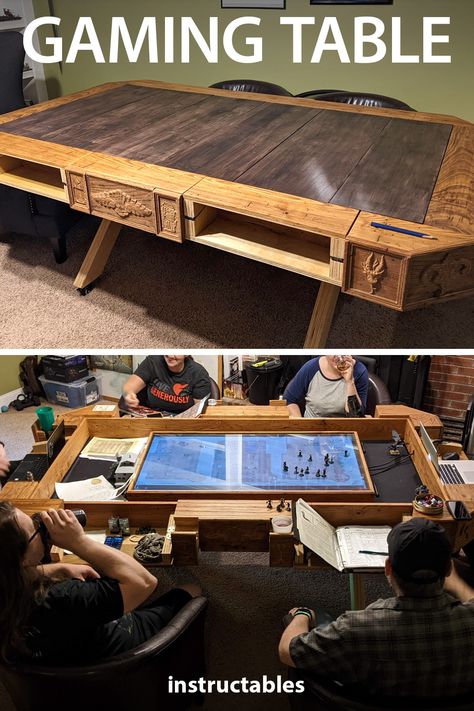 Tv Gaming Table, Tabletop Gaming Room, Tabletop Game Room Ideas, D&d Table Gaming Diy, Gamer Table Ideas, Tabletop Game Table, D&d Table Gaming, Diy Gaming Table Plans, Dnd Table With Tv