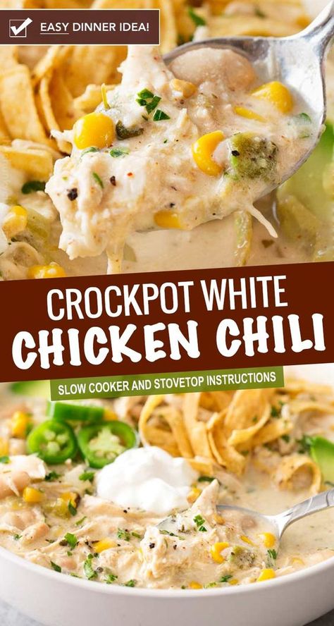 This contest-winning crockpot white chicken chili is made easy in the slow cooker, and has just the right amount of spice to warm up your night! #chickenchili #whitechickenchili #chili #chicken #easyrecipe #dinner #comfortfood #slowcooker #crockpot Cream Soup Crockpot Recipes, Hearty Chicken Crockpot Meals, Chicken Crockpot Recipes Spicy, Chicken Recipes For The Crockpot, Crockpot Meals For Family Of 5, Rotisserie White Chicken Chili Crock Pot, Call Crockpot Meals, Simple Crockpot Dinner Recipes, Meal Prep For The Week Kid Friendly