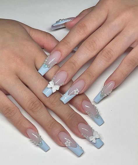 Blue Nails Cinderella, Light Blue Acrylic Nails Coffin Medium, Light Blue Nail Designs Coffin, Sky Blue Quince Nails, Light Blue French Tip Nail Designs, Baby Blue Wedding Nails, Xv Nails Blue, Nails Baby Blue Design, Cinderella Nails Acrylic