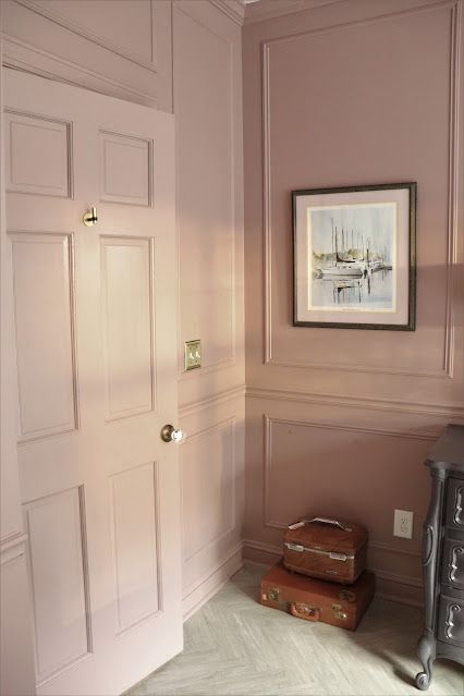 Pink Walls And Ceiling Bedroom, Farrow And Ball Porphyry Pink, Color Drenching Interiors Pink, Accent Wall And Wallpaper, Mauve Feature Wall, Dusty Pink Dressing Room, Muted Blush Paint Color, Middleton Pink Bedroom, Pink Walls In Bedroom