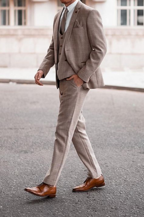 Men Suit Unique, Stone Suit Men Wedding, Tan Plaid Suit Men, Greige Groom Suit, Taupe Wedding Suits Groom, Father Of The Bride Beige Suit, Fall Mens Suits Wedding, Tan 3 Piece Suit Men, Plaid Suit For Men Wedding