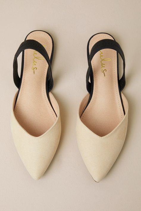 Step into style with the Lulus Mae Beige and Black Suede Pointed-Toe Slingback Flats! These vegan suede cuties are the perfect blend of chic and sensible with their low-maintenance flat sole, comfortable black elastic slingback, and cute notched pointed-toe upper. 0. 25" rubber heel. Cushioned insole. Rubber sole has nonskid markings. All Man Made Materials. Imported. Lulus | Mae Beige and Black Suede Pointed-Toe Slingback Flats | Vegan Friendly. Nice Flat Shoes, Shoes For Wedding Guest, Nude Flat Shoes, Everyday Flats, Nude Flats, Trending Sandals, Cute Flats, Slingback Flats, Beige And Black