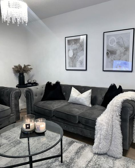 Silver Grey Living Room Decor, Living Room Ideas Apartment Grey Couch, Black Grey Living Room Decor, Black White Gray Silver Living Room, Black Grey And Silver Living Room, Grey Wall Living Room Decor, Grey White And Silver Living Room, Silver Decorations Living Room, Monochrome Lounge Room