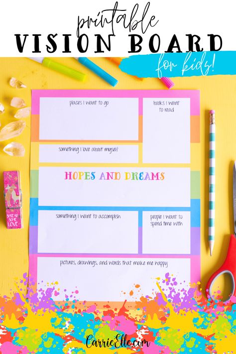 Printable Vision Board Template for Kids - Carrie Elle Vision Board For Preschoolers, New Year Vision Board Ideas For Kids, 2024 Vision Board For Kids, New Years Vision Board Kids, Vision Board Kids Free Printable, Free Printable Vision Board Template, Vision Board Worksheet Free Printable, Vision Board For Kids Ideas, Vision Board Printables Free 2024