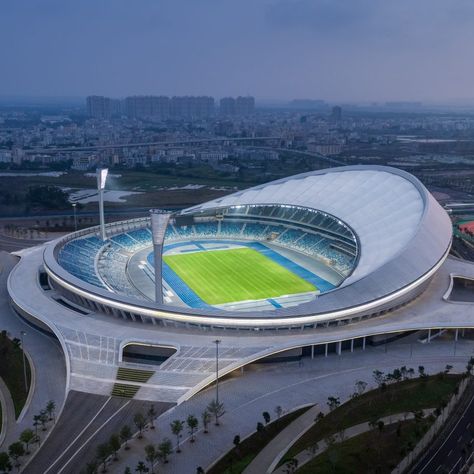 Stadium Roof Design, Futuristic Stadium, Hainan China, Sports Facility Architecture, Sports Facility, Architectural Structure, Stadium Architecture, Nanning, Membrane Roof