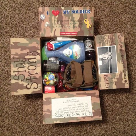 Camo care package Army Boot Camp Care Package, Army Boxes Care Packages, Basic Training Care Package, Navy Care Package, Military Care Package Ideas, Army Care Package, Care Package Decorating, Soldier Care Packages, Packages Ideas