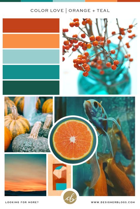 Color Love | Orange and Teal - DesignerBlogs.com Teal Orange Red Color Palette, Teal Orange Green Color Palette, Teal Orange Red Wedding, Red Green Orange Color Scheme, Teal Red Color Palette, Red And Teal Color Palette, Orange And Teal Color Palette, Red And Orange Bedroom, Orange Teal Bedroom