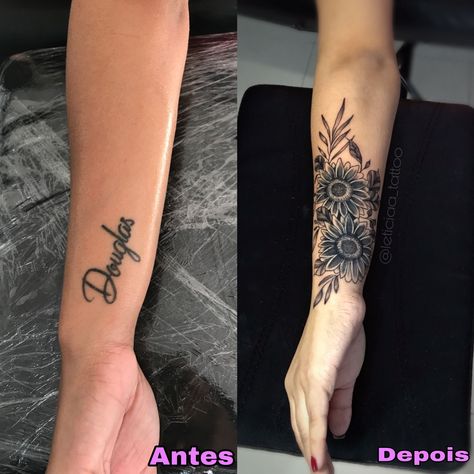 Flower Tattoo On Wrist Cover Up, Cover Up Tattoos Back Of Arm, Covered Up Tattoos For Women, Tattoo Cover Up Forearm Women, Family Cover Up Tattoos, Cover Up With Flowers Tattoo, Cover Up Tattoos On Forearm, Name Cover Up Tattoos For Women On Wrist, Tattoo Ideas Female Side Wrist