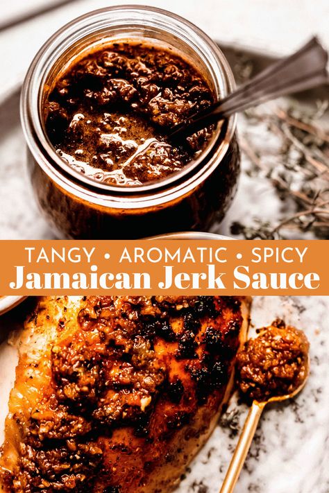 Possibly the best-ever sauce for grilled chicken, jerk sauce is jam-packed with spice and an incredible blend of sweet, savory, herbaceous, and warm flavors. Each taste will transport you to the beaches of the Caribbean! Caribbean Jerk Marinade, African Hot Sauce, Jerk Sauce Recipe Authentic, Jamaican Jerk Marinade, Jerk Sauce Recipe Easy, Sweet Jerk Sauce Recipe, Sauce For Jerk Chicken, Jerk Chicken Sauce, Caribbean Jerk Sauce