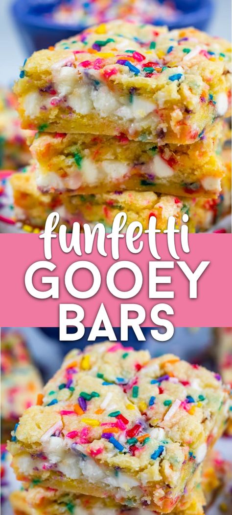 Easy Funfetti Gooey Bars Recipe - Crazy for Crust Gooey Bars Recipe, Funfetti Cake Mix Recipes, Best Cake Mix, Cake Mix Cookie, Cake Mix Cookie Bars, Gooey Cake, Gooey Bars, Crazy For Crust, Funfetti Cake Mix