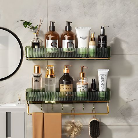 Rebrilliant Makensey Adhesive Shower Shelf - Wayfair Canada Waterproof Bathroom Shelves, Bathroom Stick On Shelves, Green Bathroom Shelves, Bathroom Storage Shelf Ideas, Gold Shower Shelf, Vintage Bathroom Organization, Shower Bottle Organization Ideas, Walk In Shower Organization Ideas, Aesthetic Shower Organization