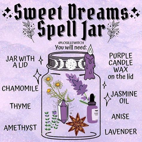 Losille’s Coven 🔮✨ on Instagram: “Sweet Dreams Spell Jar 🛌🔮✨ ➡️ Use it to make sweet dreams, to banish negative energies and to ward off nightmares. 🌝✨ Below is my personal…” New Year Spell, Witch Ideas, Hearth Witch, Dream Spell, Witches Jar, Witchcraft Spells For Beginners, Spells For Beginners, Jar Spells, Witch Bottles