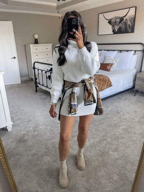 Dressy Fall Outfits, Chelsea Boots Outfit, Flannel Outfits, Sweater Dress Outfit, Fall Attire, Cute Fall Outfits, Curling Iron, Dressy Outfits, Outfit Inspo Fall