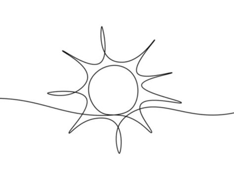 Single Line Sun Tattoo, One Line Sun Tattoo, Sun Line Art Tattoo, Sun Line Drawing, Sunlight Drawing, Sun Line Art, Drawing Sun, Sun Outline, Continuous Line Tattoo