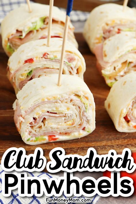 These delicious Ham and Turkey Pinwheels are loaded with the perfect combination of deli meat, tangy cream cheese, crispy bacon, and fresh veggies. A fun twist on the classic club sandwich, they’re the perfect bite-size party appetizer, lunch, or afternoon snack! Turkey Pinwheels, Club Sandwiches, Cream Cheese Pinwheels, Pinwheel Sandwiches, Ham And Cheese Pinwheels, Cheese Pinwheels, Pinwheel Appetizers, Cream Cheese Rolls, Party Food Dessert